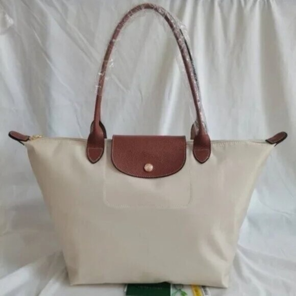Longchamp Beige Tote with Brown Leather Trim and Handles